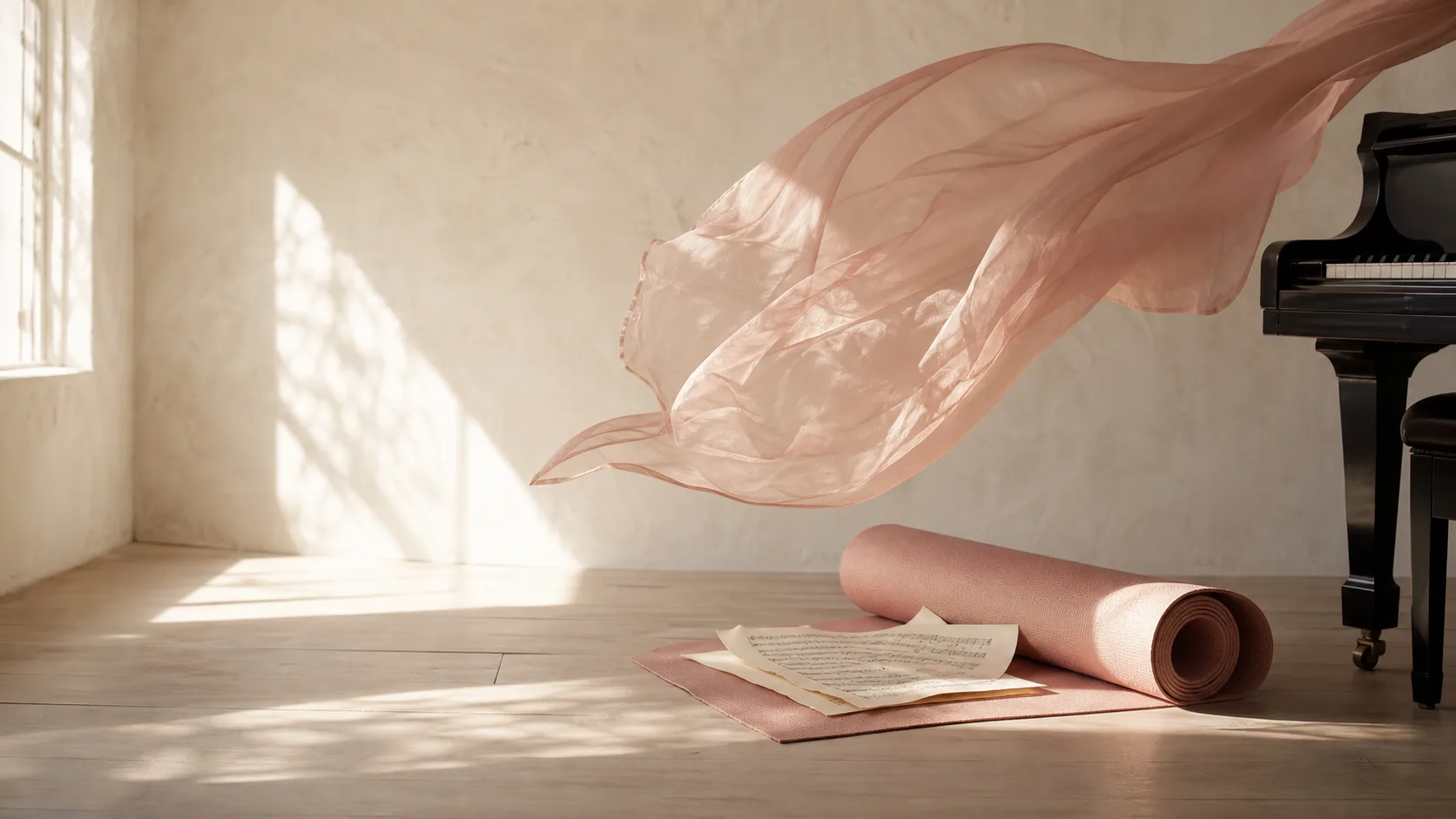 A sunlit movement and music studio with piano, yoga mat and flowing fabric